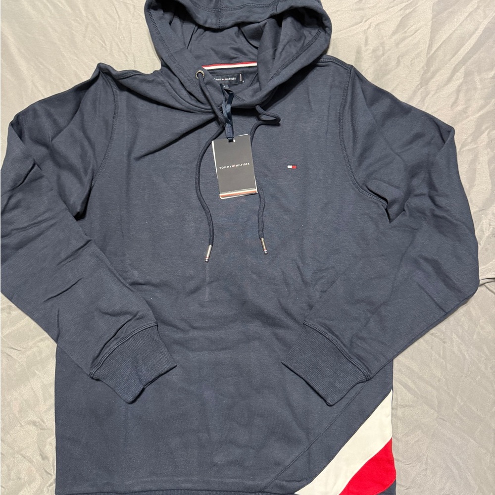 Tommy Hilfiger Dark Blue Men's Hoodie with Red and White Accents